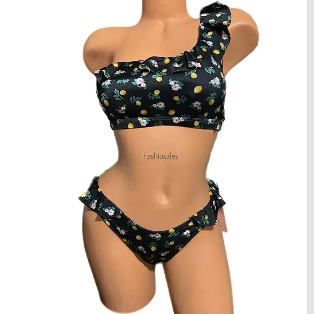 Victoria’s Secret Swim Ruffle One-Shoulder Bikini Top XL & bottom L set Black…